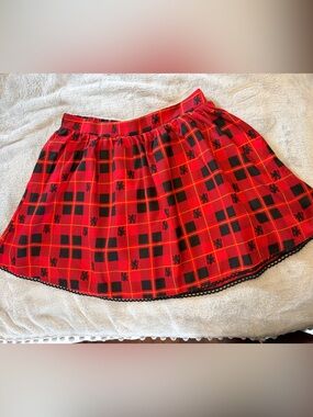 HP Red and Black Plaid Circle Skirt with Lace Trim. Hot Topic